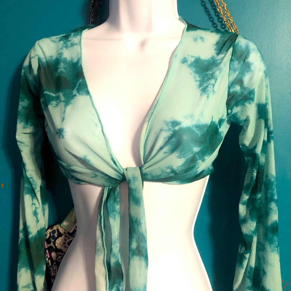 Blue tie-dye swimsuit cover/shirt long sleeve sheer